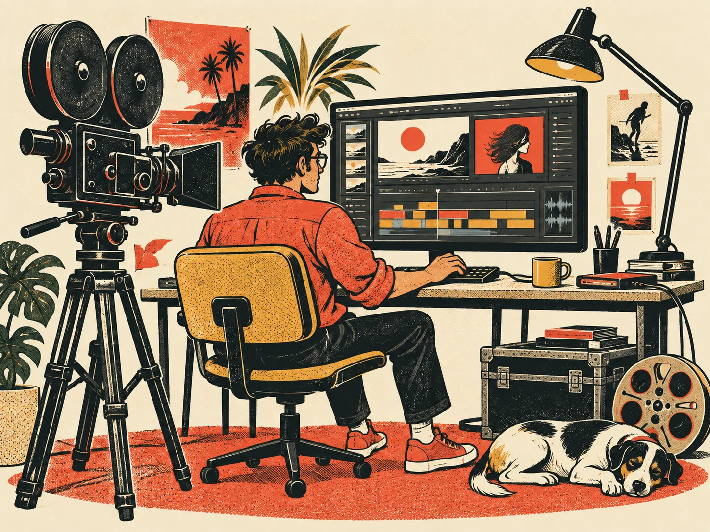 Creativo editando vídeo junto a una cámara de cine, ilustración retro