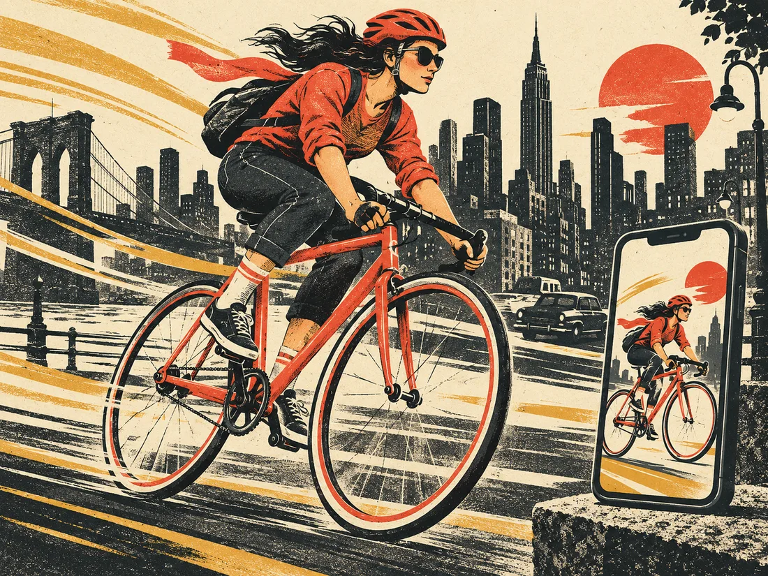 Ciclista y campaña de una campaña de redes en un móvil